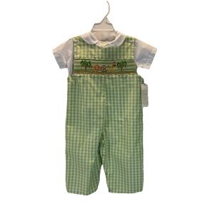 NEW Tags BE MINE Boys 24m Smocked Zoo Jon Jon‎ Romper 2 piece Green gingham
